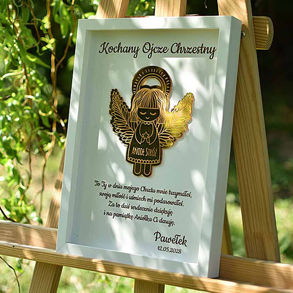 pamiątka anioł stróż w ramce dla chrzestnych